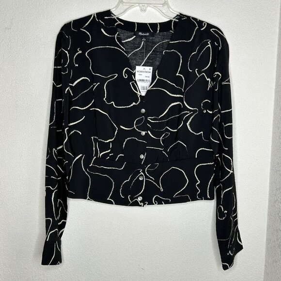 Madewell Blouse Womens M Lusterweave Black Abstract Button Front Cropped Top - Picture 2 of 15